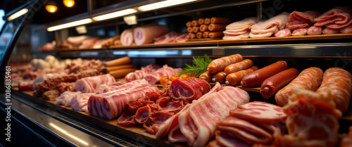A vibrant display of assorted meats in a modern butcher shop during the daytime with fresh garnishes and condiments nearby