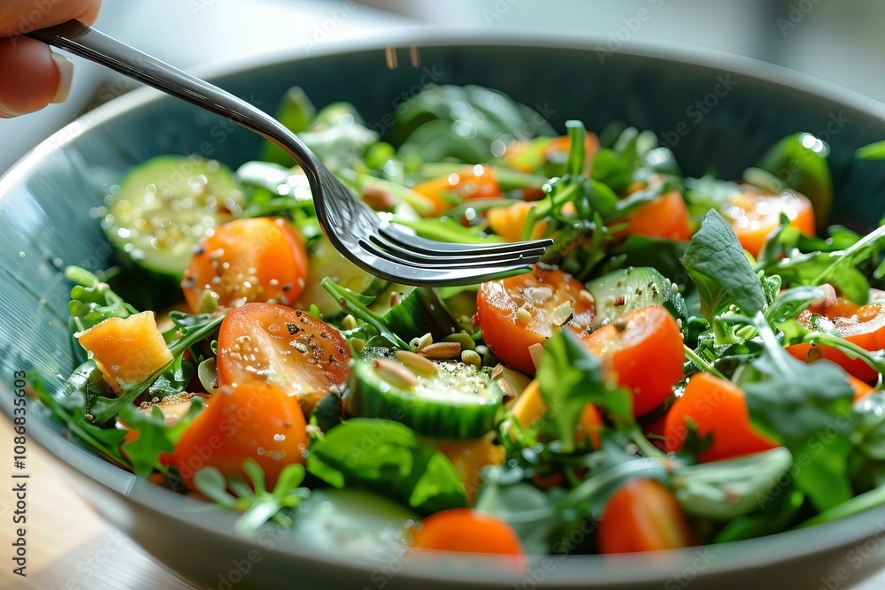 Close-up View of a Woman's Hand Holding a Fork and Eating a Healthy Salad at her Office Desk Close-up View of a Woman's Hand Holding a Fork and Eating a Healthy Salad at her Office Desk