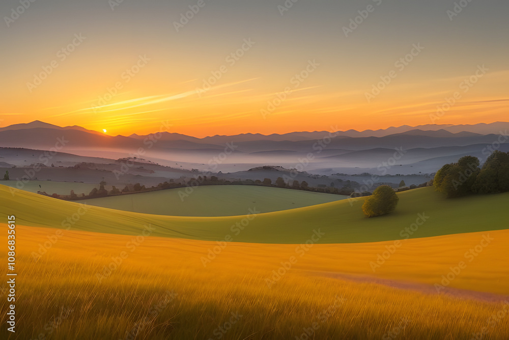 Obraz premium A vibrant sunset paints the sky with hues of orange, yellow, and pink, casting a warm glow over rolling hills and a lush, green meadow. The sun dips below the horizon, leaving a trail of light across 