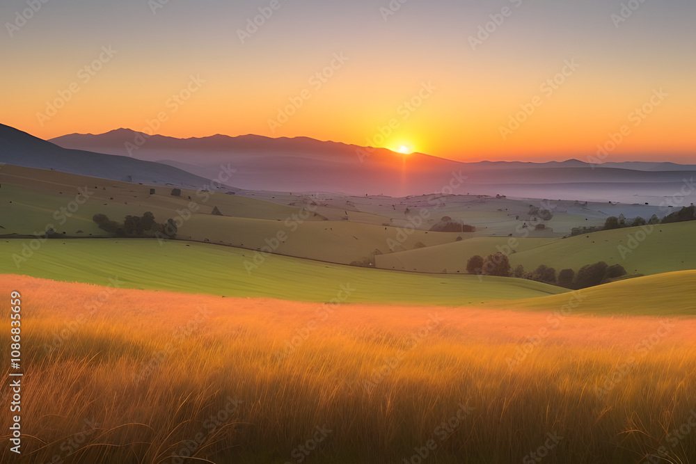 Fototapeta premium A vibrant sunset paints the sky with hues of orange, yellow, and pink, casting a warm glow over rolling hills and a lush, green meadow. The sun dips below the horizon, leaving a trail of light across 