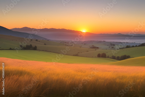 A vibrant sunset paints the sky with hues of orange, yellow, and pink, casting a warm glow over rolling hills and a lush, green meadow. The sun dips below the horizon, leaving a trail of light across 