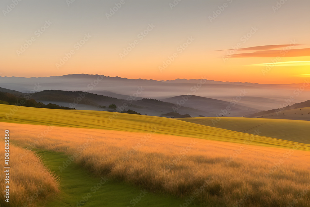 Fototapeta premium A vibrant sunset paints the sky with hues of orange, yellow, and pink, casting a warm glow over rolling hills and a lush, green meadow. The sun dips below the horizon, leaving a trail of light across 