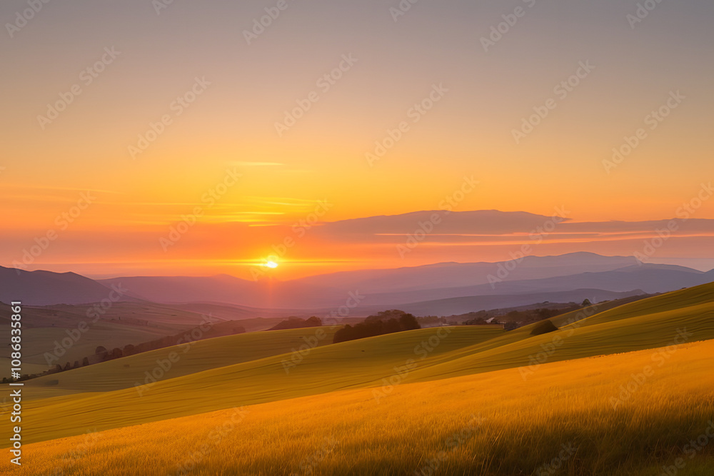 A vibrant sunset paints the sky with hues of orange, yellow, and pink, casting a warm glow over rolling hills and a lush, green meadow. The sun dips below the horizon, leaving a trail of light across A vibrant sunset paints the sky with hues of orange, yellow, and pink, casting a warm glow over rolling hills and a lush, green meadow. The sun dips below the horizon, leaving a trail of light across