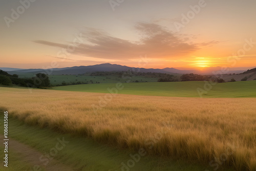 A vibrant sunset paints the sky with hues of orange, yellow, and pink, casting a warm glow over rolling hills and a lush, green meadow. The sun dips below the horizon, leaving a trail of light across 