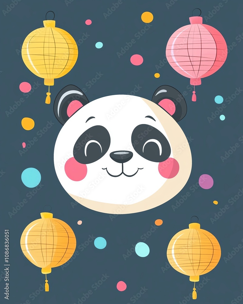Naklejka premium Cute panda with colorful lanterns and dots.