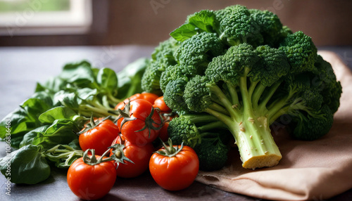 Fresh broccoli and ripe tomatoes on a wooden table with soft natural lighting in a cozy kitchen setting