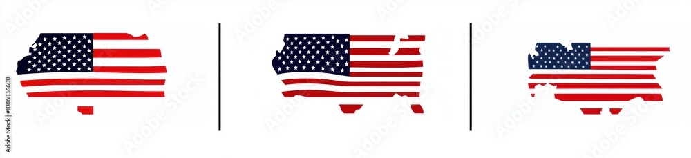 Abstract representation of the United States map with American flag colors, showcasing shapes of America in three distinct variations for creative projects and concepts. Abstract representation of the United States map with American flag colors, showcasing shapes of America in three distinct variations for creative projects and concepts.