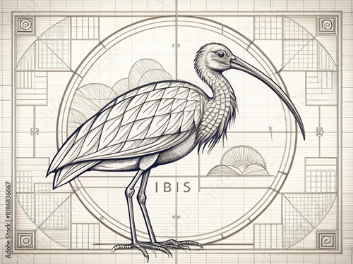 Hand Drawn Ibis in Linear Style: Architectural Photography of a Unique Ibis Design Captured in Elegant Line Drawing, Showcasing Artistic Flair and Architectural Aesthetics photo