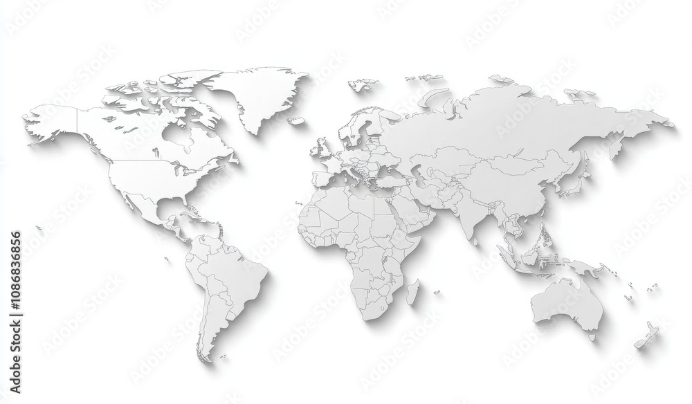 World Map Illustration with Minimalist Design, Soft Shadows, and Light Color Palette, Perfect for Backgrounds or Educational Materials Featuring Global Geography World Map Illustration with Minimalist Design, Soft Shadows, and Light Color Palette, Perfect for Backgrounds or Educational Materials Featuring Global Geography