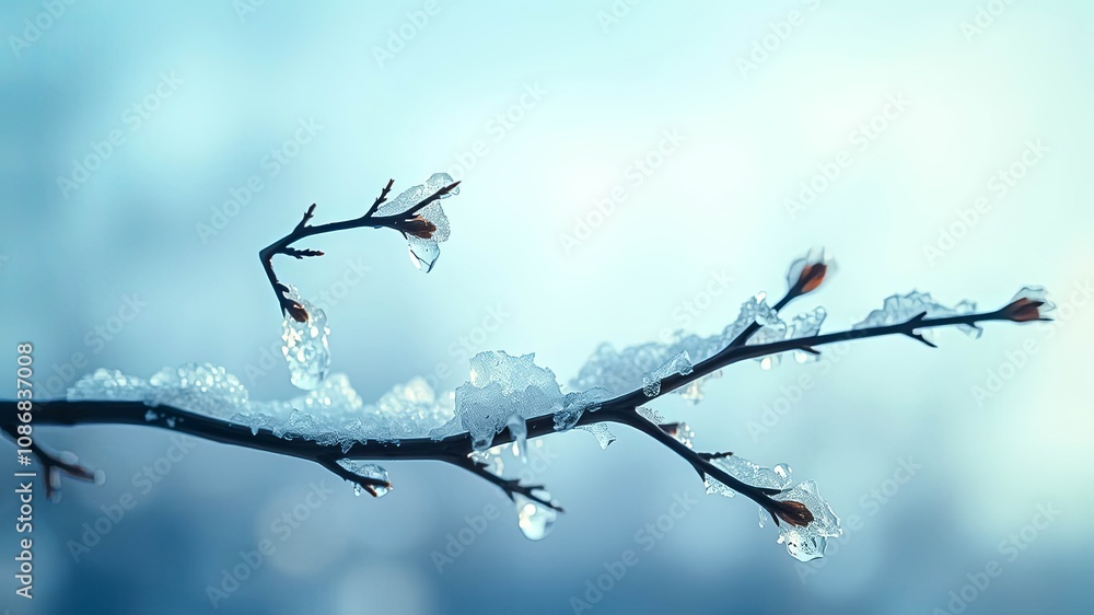 A Single Branch Covered in Snow and Icicles, A Winter Wonderland Scene A Single Branch Covered in Snow and Icicles, A Winter Wonderland Scene