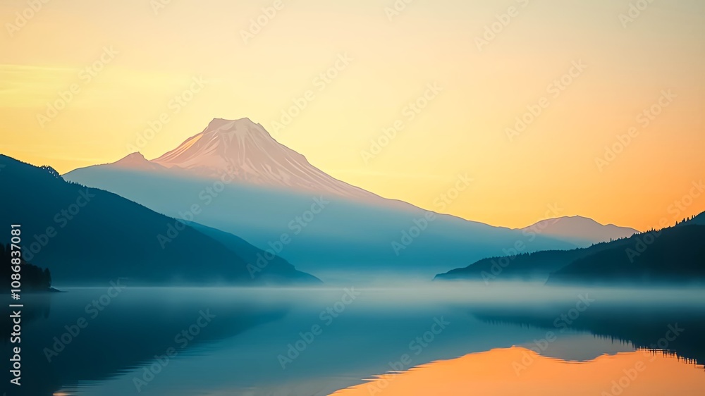 Serene mountain peak reflecting in a tranquil lake at sunrise, with a layer of mist enhancing the ethereal atmosphere. Serene mountain peak reflecting in a tranquil lake at sunrise, with a layer of mist enhancing the ethereal atmosphere.