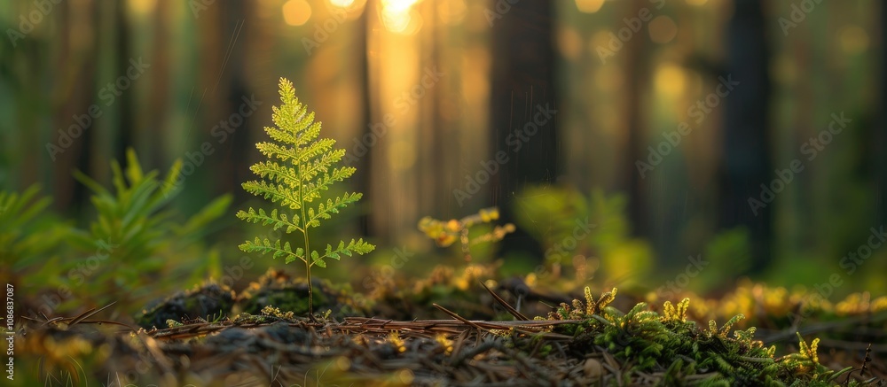 Obraz premium Young Green Fern In A Pine Forest