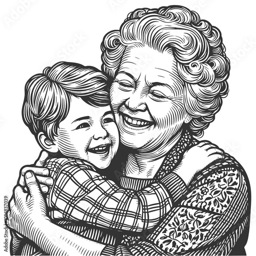 grandmother embracing her young grandson, family love and generational bond sketch engraving generative ai fictional character raster illustration. Scratch board imitation. Black and white image.