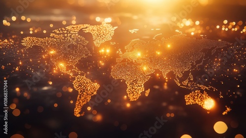 Fototapeta Naklejka Na Ścianę i Meble -  Beautiful Golden World Map Illustration with Glowing Particles Showcasing Earth’s Continents and a Sparkling Global Network of Lights in a Dark Background