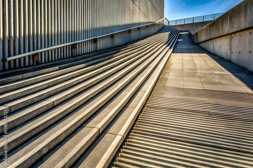 Brutalism A modern architectural ramp with textured concrete steps, leading upward under a clear blue sky, showcasing dynamic lines and shadows. Brutalism A modern architectural ramp with textured concrete steps, leading upward under a clear blue sky, showcasing dynamic lines and shadows.