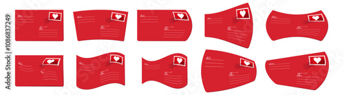 3d love letter collection envelope set with stamp, heart vector design. Valentines day red letter background design. Love letter concept design to use for wedding cards, romantic design projects.