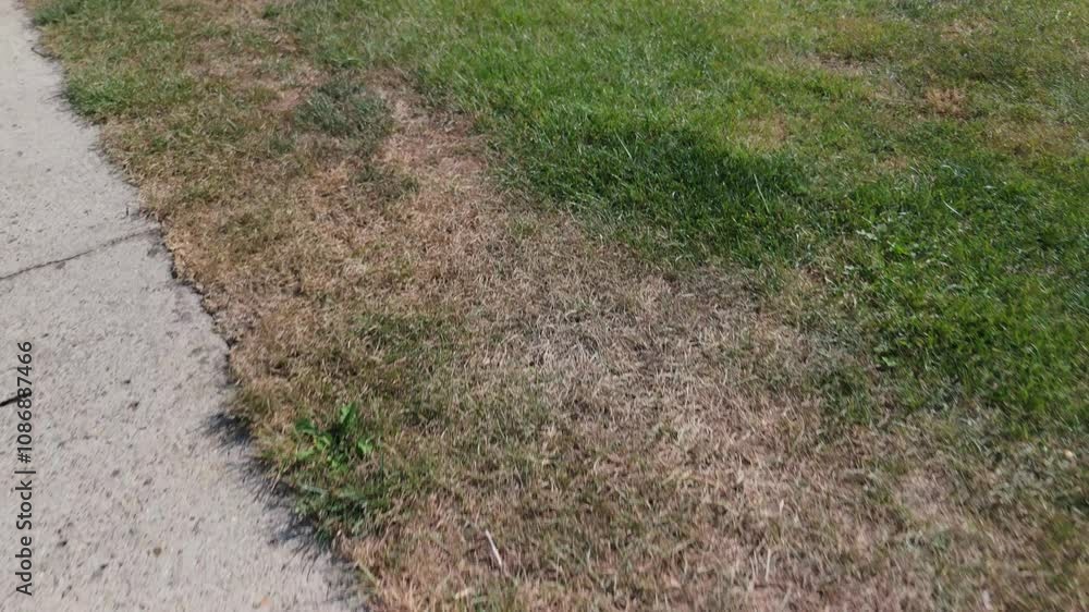 Green grass lawn divided by a concrete path, highlighting contrasts in texture and design Green grass lawn divided by a concrete path, highlighting contrasts in texture and design