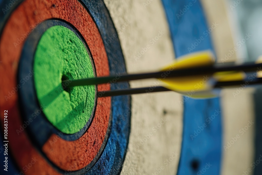 Arrows hit the target, focus on the green arrow in the center of the archery target with three arrows hitting the perfect center point Arrows hit the target, focus on the green arrow in the center of the archery target with three arrows hitting the perfect center point