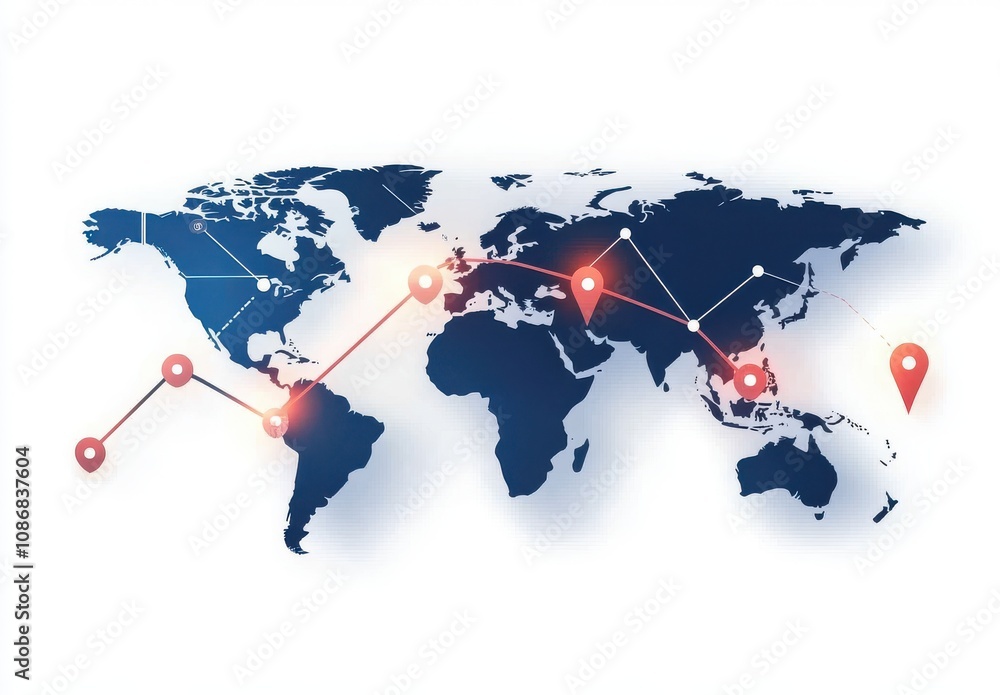 Naklejka premium Abstract World Map with Route Lines and Location Markers for Travel, Navigation, Geography, and Data Visualization in Modern Design Style