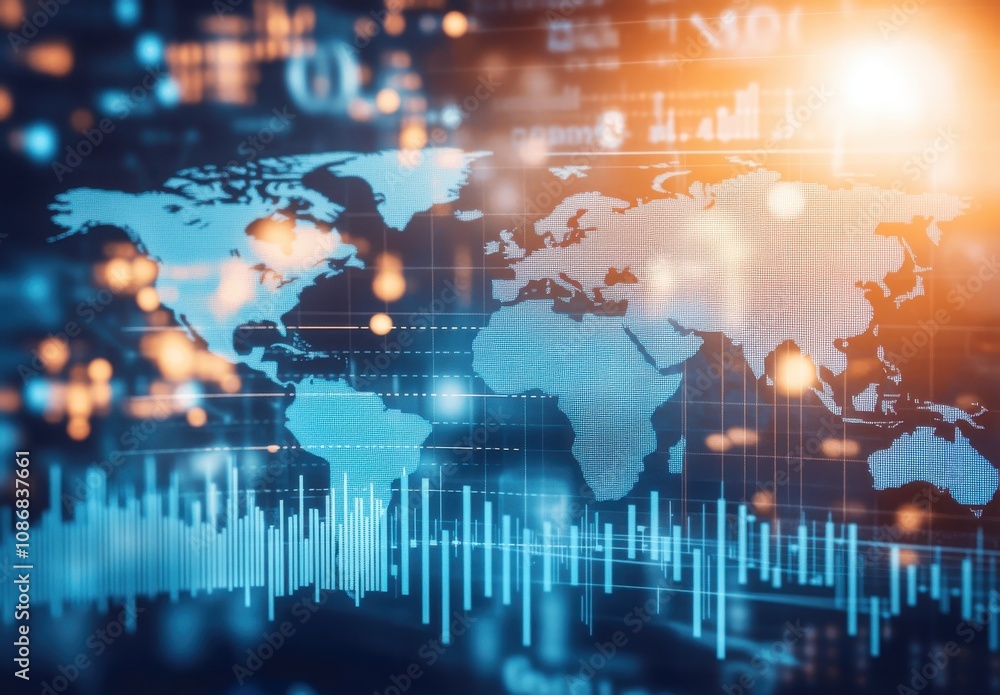 Futuristic Global Data Visualization with Abstract Technology Elements Representing World Map, Digital Graphs, and Bright Flare Effects Futuristic Global Data Visualization with Abstract Technology Elements Representing World Map, Digital Graphs, and Bright Flare Effects