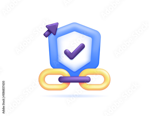 illustration of shield with chain and arrow. concept of link protection and security. safe link. prevention from accessing dangerous links. symbol or icon. minimalist 3d style design. element