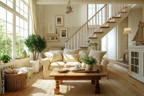 Rendered 3D view of a farmhouse-design living room for interior design mockups.