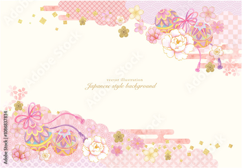 水彩で描いた鞠と紐のリボンの和柄の背景