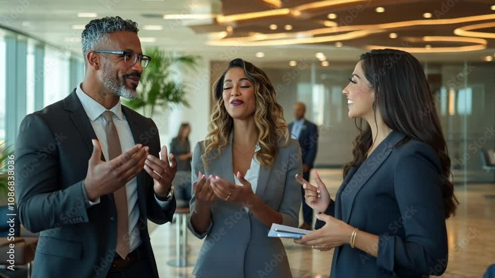 Three professionals engaged in a lively conversation in a modern office setting. Three professionals engaged in a lively conversation in a modern office setting.