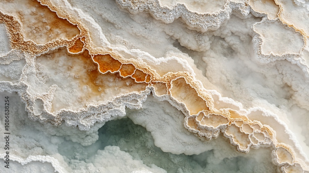 Obraz premium Abstract textured surface of white and orange mineral deposits.