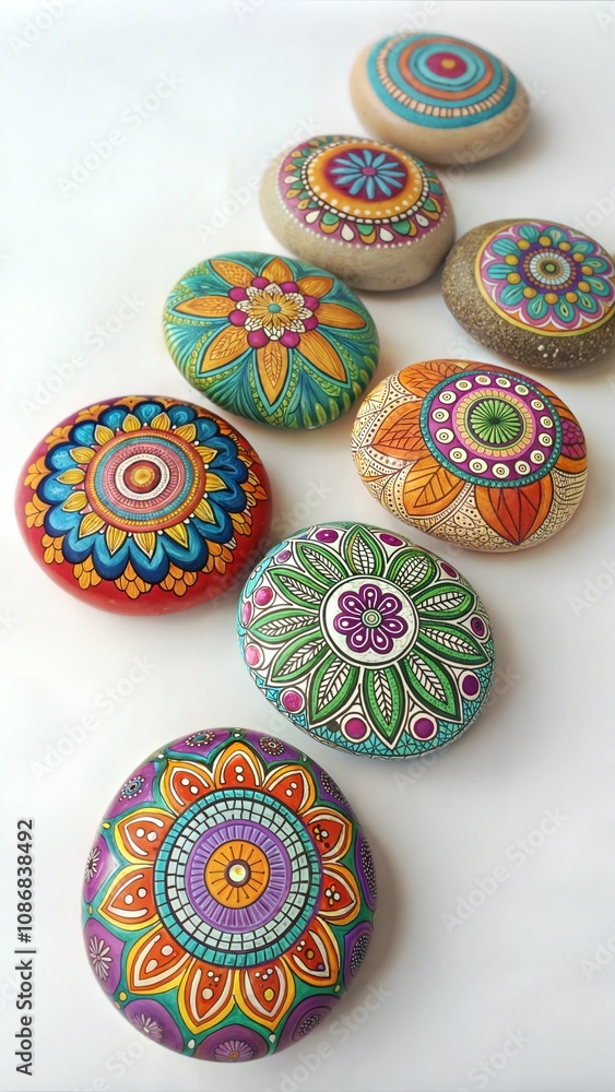Decorative hand-painted stones with floral patterns, artistic craftsmanship Decorative hand-painted stones with floral patterns, artistic craftsmanship