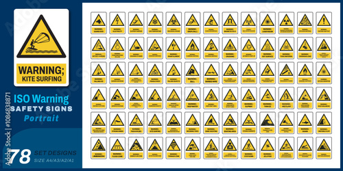 78 set iso warning safety signs v62_kite surfing_portrait size a4/a3/a2/a1