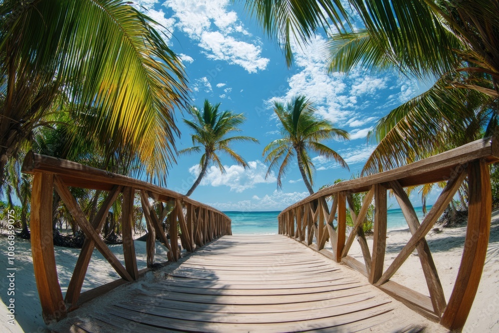Beautiful tropical island with a wooden bridge and palm trees. Beautiful tropical island with a wooden bridge and palm trees.