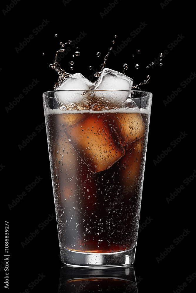 Refreshing and cold cola drink with ice cubes splashing out of the glass isolated on a black background Refreshing and cold cola drink with ice cubes splashing out of the glass isolated on a black background