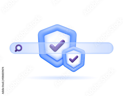 illustration of shield with search bar. concept of search privacy and security. safe search. protection and security from harmful information. symbol or icon. minimalist 3d style design. element