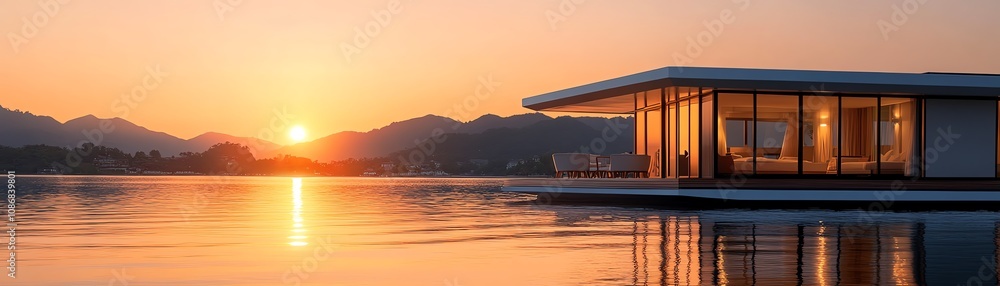 A floating hotel on a tranquil lake at sunrise A floating hotel on a tranquil lake at sunrise