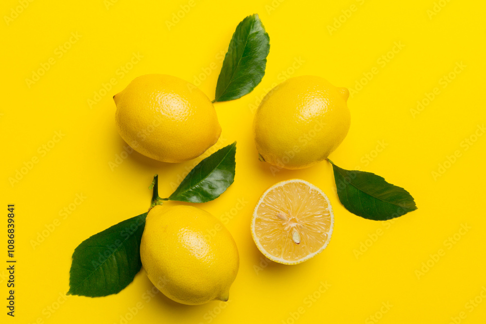 Many fresh ripe lemons with green leaves on colored background, top view, space for text Many fresh ripe lemons with green leaves on colored background, top view, space for text