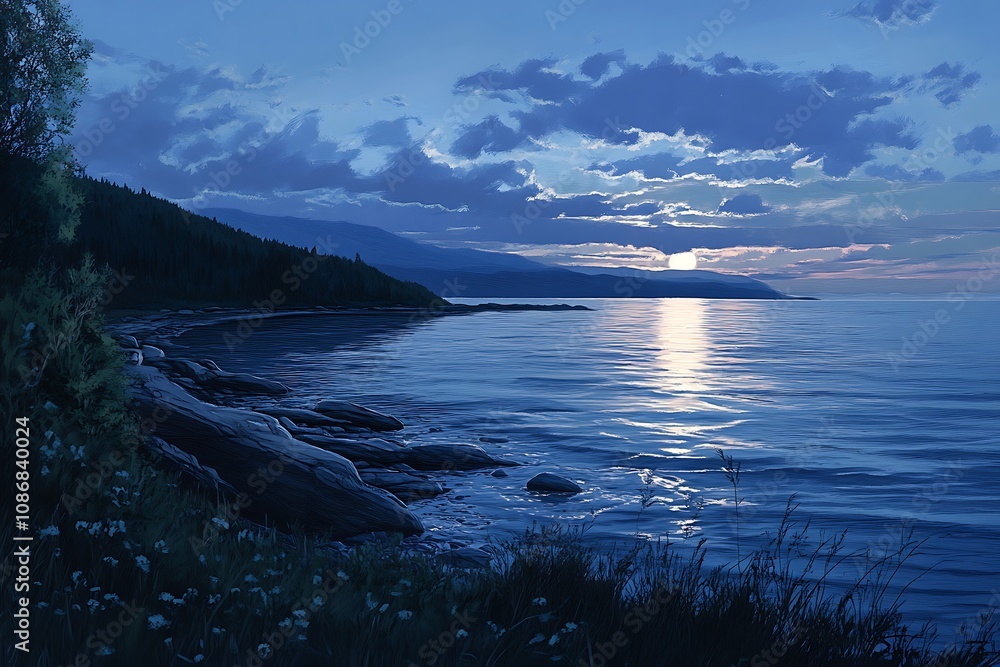 Naklejka premium Serene twilight over a calm coastal landscape with gentle waves and distant mountains.