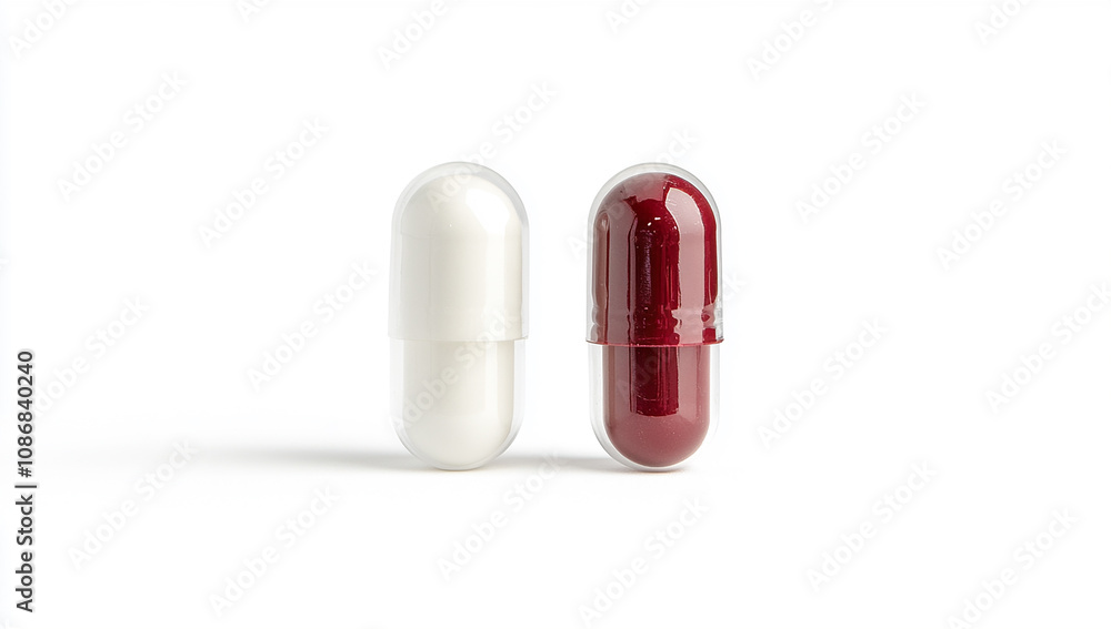 White and red capsule, isolated on a white background White and red capsule, isolated on a white background