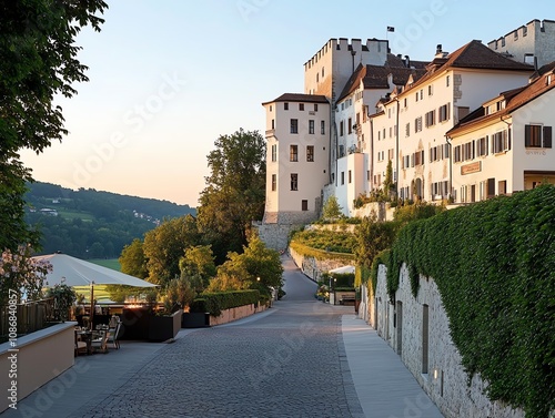 A grand medievalstyle castle hotel in a lush green valley photo