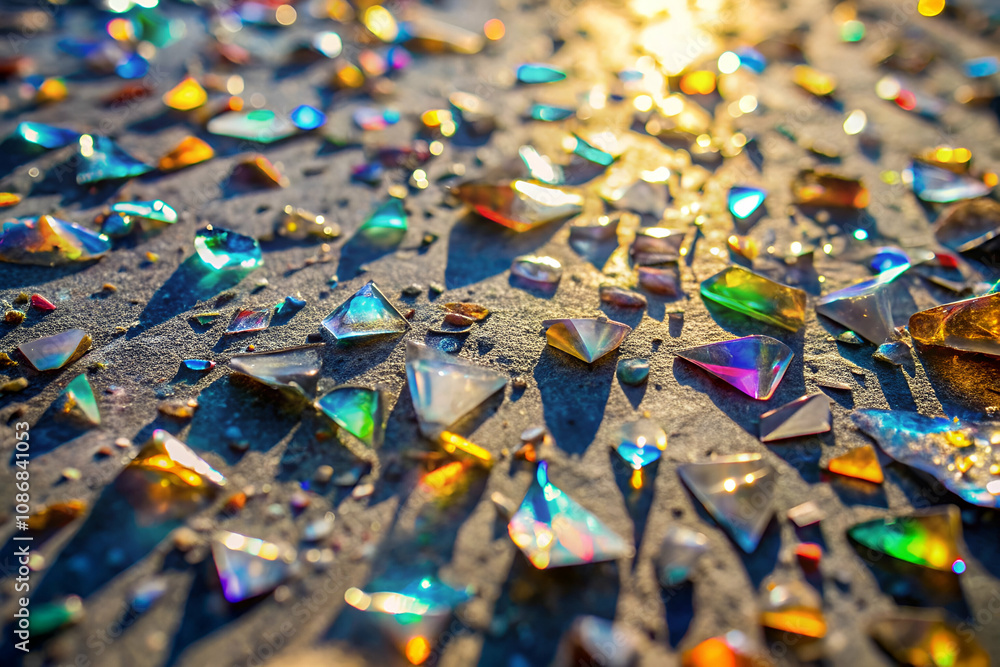 Fototapeta premium Brutalism Colorful glass shards scattered on a surface, reflecting light and creating a vibrant, sparkling display.