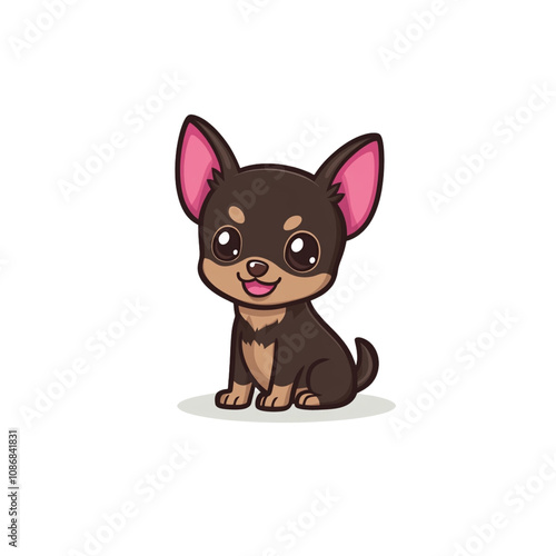 A simple, flat an adorable brown and black Chihuahua with pink ears on a white background