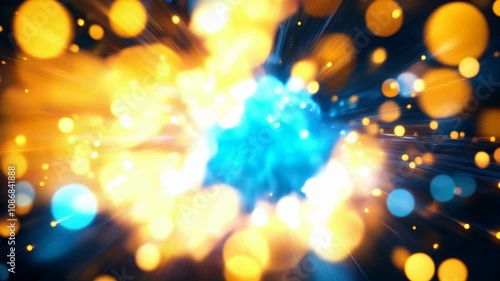 Dynamic futuristic background with glowing orange and blue gradient lights, sparkling particles, and soft wave textures. Perfect for technology presentations, trailers, or modern corporate visuals