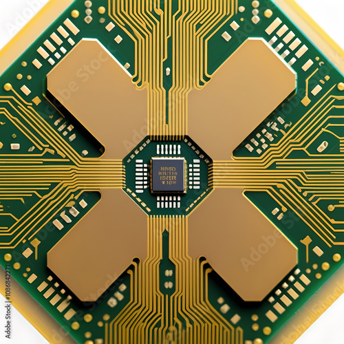 Detailed macro of a logic chip crystal with golden electrical paths, top-down view on white. Generative AI photo