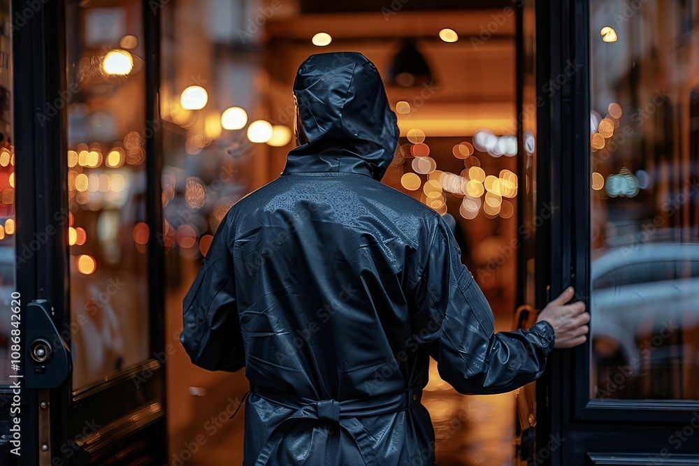 A man standing at the front door, ringing the doorbell. A man standing at the front door, ringing the doorbell.