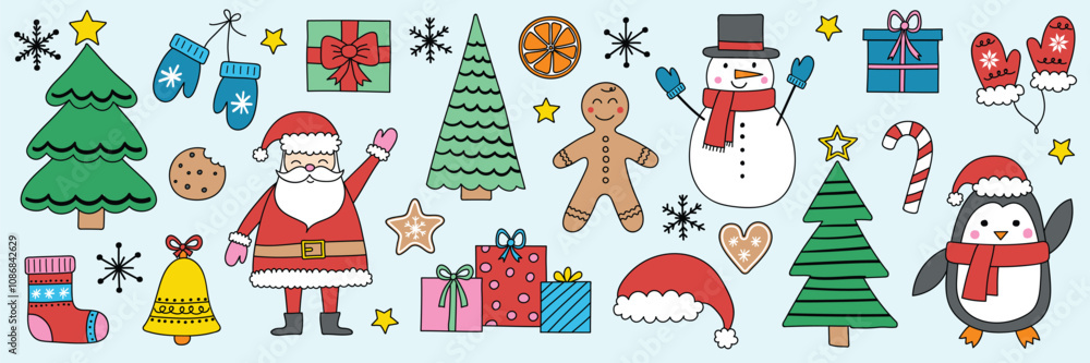 Christmas ornament design set. Hand drawn X-Mas elements: Santa Claus, tree, snowman, cookie, present. Clipart design. Vector illustration Christmas ornament design set. Hand drawn X-Mas elements: Santa Claus, tree, snowman, cookie, present. Clipart design. Vector illustration