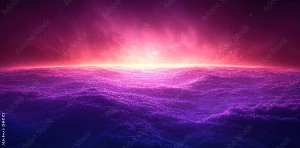 A Bright, Pink-and-Purple Sunrise Over a Distant, Wavy Landscape A Bright, Pink-and-Purple Sunrise Over a Distant, Wavy Landscape