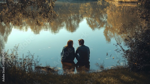 A romantic couple sharing a quiet moment by a lake, their reflections mirrored in the still water.