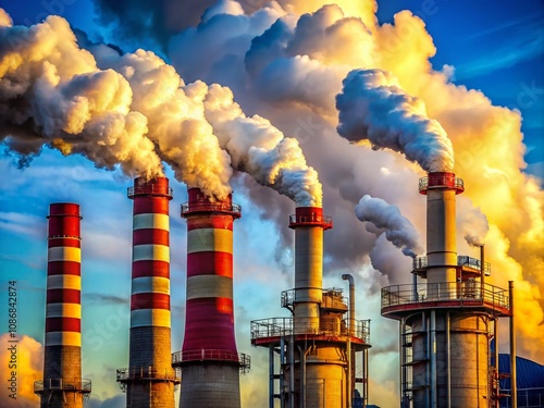 Industrial Pipe Smoke Emanating from Factory Chimney Against a Clear Blue Sky, Captured in Rule of Thirds Composition for Maximum Visual Impact photo