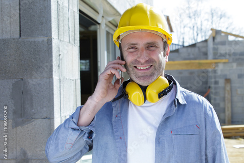 construction worker on the phone with noise cancelling earphones photo