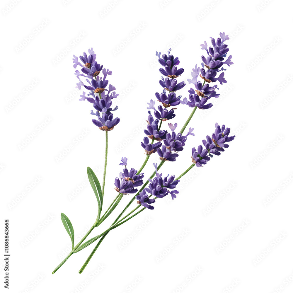 Naklejka premium A Stunning Representation of Lavender Blooms: A Delightful Cluster of Purple Flowers with Lush Green Leaves, Evoking Calmness and Serenity; Perfect for Aromatherapy and Decor.